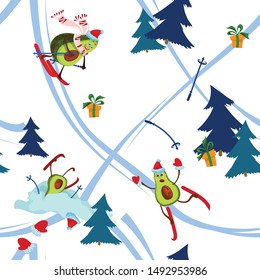 Seamless pattern background. Funny cute happy  avocados in Santa's hat are skiing.
Concept: Tropical fruits celebrate New Year, Christmas.
Set of kawaii cartoon character flat. Isolated Image - Vector