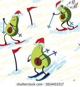 Seamless pattern background. Funny cute happy avocados in Santa's hat are skiing. Concept: Tropical fruits celebrate New Year, Christmas. Set of kawaii cartoon character flat. Isolated Image - Vector