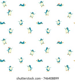 Seamless pattern background of funny penguins. Merry Christmas and Happy New Year greeting card, poster, flyer, banner design elements. Flat style vector illustration
