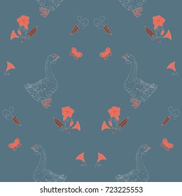 Seamless pattern background with geese and wildflowers and butterfly