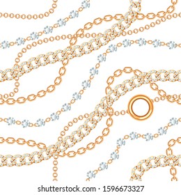 Seamless pattern background with gemstones and chains golden metallic necklace. On white. Vector illustration