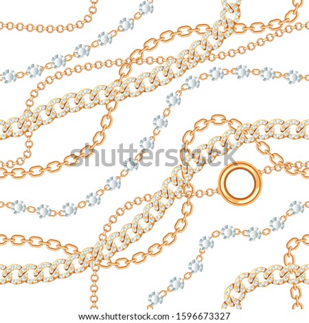 Seamless pattern background with gemstones and chains golden metallic necklace. On white. Vector illustration