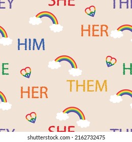 Seamless Pattern Background With Gender Pronouns. He Him Her She They Them Text. 