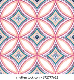Seamless pattern background. Geometric floral decoration. Square repeat design elements. Blue pink vector illustration. Abstract round flower wallpaper print, linen fabric. Classic textile graphic.