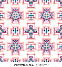 Seamless pattern background. Geometric floral decoration. Square repeat design elements. Blue pink vector illustration. Abstract crosses wallpaper print, linen fabric. Classic textile graphic
