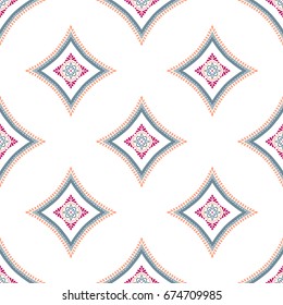 Seamless pattern background. Geometric floral decoration. Square repeat design elements. Blue pink vector illustration. Abstract round flower wallpaper print, linen fabric. Classic textile graphic.