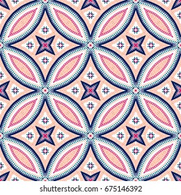 Seamless pattern background. Geometric floral decoration. Square repeat design elements. Blue pink vector illustration. Abstract round flower wallpaper print, linen fabric. Classic textile graphic
