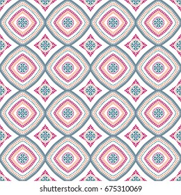 Fondo de patrón sin fisuras. Decoración floral geométrica. Elementos de diseño cuadrados de repetición. Ilustración vectorial rosa azul. Impresión Abstractas del Fondo de pantalla de la flor, tela de lino. Gráfico textil clásico