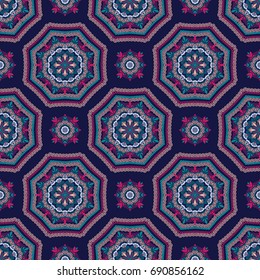 Seamless pattern background. Geometric floral decoration. Square repeat design elements. Dark blue pink vector illustration. Abstract round flower wallpaper print, fabric. Classic textile graphic.