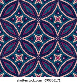 Seamless pattern background. Geometric floral decoration. Square repeat design elements. Dark blue pink vector illustration. Abstract round flower wallpaper print, fabric. Classic textile graphic.