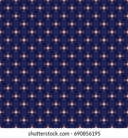 Seamless pattern background. Geometric floral decoration. Square repeat design elements. Dark blue pink vector illustration. Abstract round flower wallpaper print, fabric. Classic textile graphic.