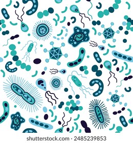 Seamless Pattern Background with Germs, Viruses, Bacteria, Microbe, Bacillus. Hand Drawn Wallpaper Repeated Microorganisms Isolated on White Background