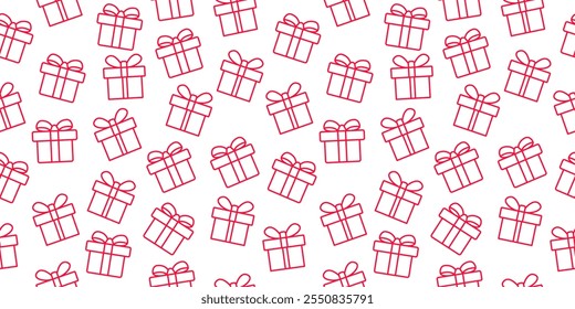 Seamless pattern background of gift boxes red line art style. Gift box motif fabric for birthday, package, present, wrap, surpise, shop