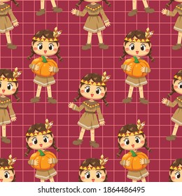 seamless pattern background with A girl who braids and holds a pumpkin