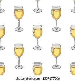 Seamless pattern background with glasses of white wine. Vector illustration.