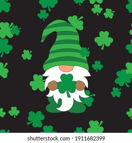 Seamless Pattern Background Gnome Saint Patrick Lucky, Irish, Shamrock In Green Suit And Hat With Clover Leave. Cute Fantacy Fairytale Dwarf Hat Decoration, Symbol Vector.