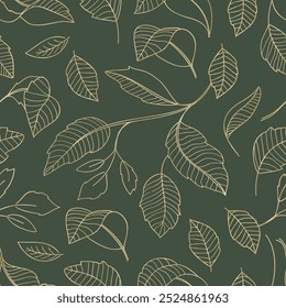 Seamless pattern background of gold leaves on a green background.Vector illustration