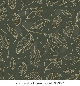 Seamless pattern background of gold leaves on a green background.Vector illustration