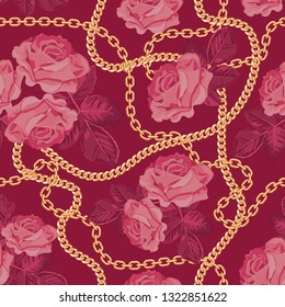 Nahtlose Muster-Hintergrund mit goldenen Ketten und rosafarbenen Rosen. Auf violettem Rosa. Vektorgrafik.