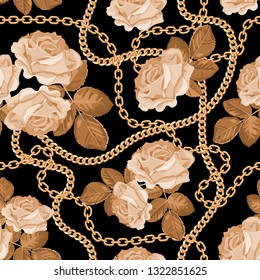 Seamless pattern background with golden chains and beige roses. On black. Vector illustration.