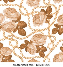 Seamless pattern background with golden chains and beige roses. On white. Vector illustration.