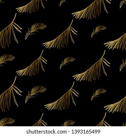 Seamless pattern background with golden tropical foliage. Exotic botanical floral illustration. Hand drawn contour sketch on black background.
