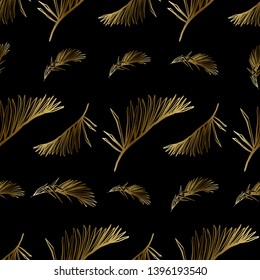 Seamless pattern background with golden tropical foliage. Exotic botanical floral illustration. Hand drawn contour sketch on black background.