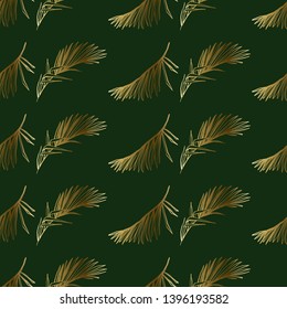 Seamless pattern background with golden tropical foliage. Exotic botanical floral illustration. Hand drawn contour sketch on green background.
