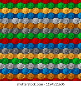 Seamless pattern, background, golden, yellow, gray, red, blue, green metal bicycle chain