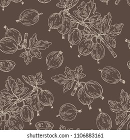 Seamless pattern background with gooseberry: branch of gooseberry, berries and leaves. Vector hand drawn illustration. 