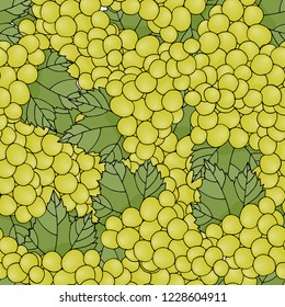 Seamless pattern background with grapes. Leaves and yellow berries. Vector illustration.