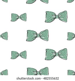 Seamless pattern background with green bow-tie. Vector backdrop for holiday decorating greeting cards for wedding, bridal, birthday, Valentine's day, new year, Christmas.