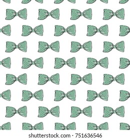 Seamless pattern background with green bow-tie. Vector backdrop for holiday decorating greeting cards for wedding, bridal, birthday, Valentine's day, new year, Christmas.