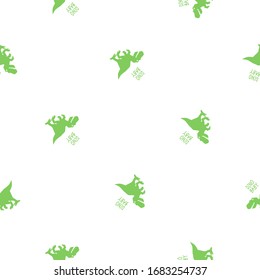 Seamless pattern background with green dinosaur and inscription: Dino baby. Repeatable backdrop with little tyrannosaur.