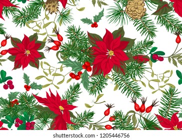 Seamless pattern, background with green Fir Branches and red flowers and berries, Christmas decoration. Colored vector illustration