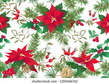 Seamless pattern, background with green Fir Branches and red flowers and berries, Christmas decoration. Colored vector illustration