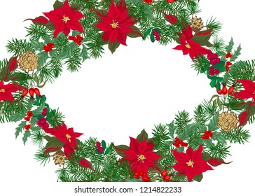 Seamless pattern, background with green Fir Branches and red flowers and berries, Christmas decoration. Colored vector illustration