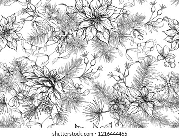 Seamless pattern, background with green Fir Branches and red flowers and berries, Christmas decoration.  Graphic drawing, engraving style. vector illustration.