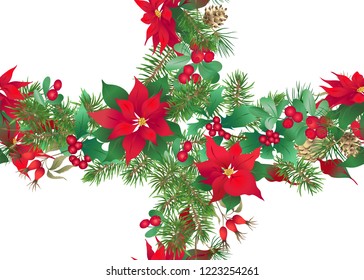 Seamless pattern, background with green Fir Branches and red flowers and berries, Christmas decoration. Colored vector illustration