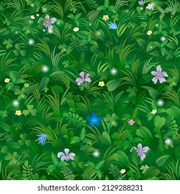 Seamless pattern background of a green meadow with plants and flowers covered with dew. Vector Illustration