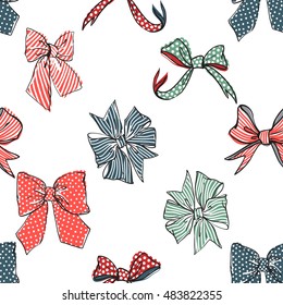 Seamless pattern background with green and red, stripped and dotted bow and bow-tie. Vector backdrop for holiday decorating greeting cards for wedding, birthday, Valentine's day, new year, Christmas.