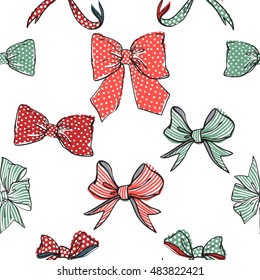 Seamless pattern background with green and red, stripped and dotted bow and bow-tie. Vector backdrop for holiday decorating greeting cards for wedding, birthday, Valentine's day, new year, Christmas.