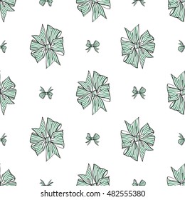 Seamless pattern background with green stripped bow. Vector backdrop for holiday decorating greeting cards for wedding, bridal, birthday, Valentine's day, new year, Christmas.