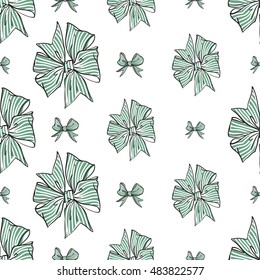 Seamless pattern background with green stripped bow. Vector backdrop for holiday decorating greeting cards for wedding, bridal, birthday, Valentine's day, new year, Christmas.