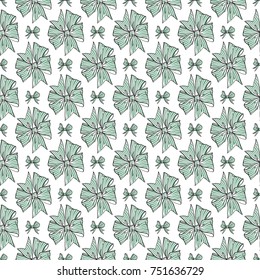 Seamless pattern background with green stripped bow and small green stripped bow. Vector backdrop for holiday decorating greeting cards for wedding, bridal, birthday, new year, Christmas.