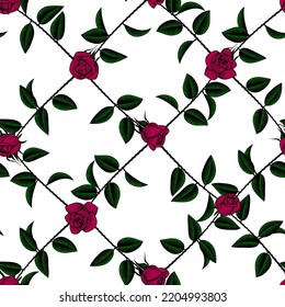 Seamless pattern background grid of red roses and green leaves isolated on white in vintage engraving drawing style. Vector illustration