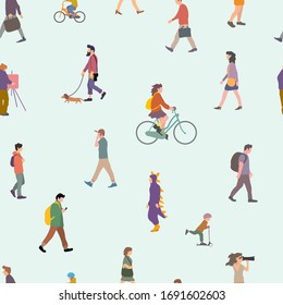 Seamless pattern background. Group of different people living in the city. Urban life. City life. Flat design concept. 