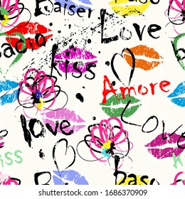 seamless pattern background, grungy love concept with strokes, splashes, word/letter and mouth