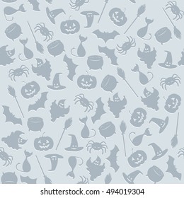 Seamless pattern background with Halloween characters in grey colors. Cat, bat, pumpkin, spider, pot, hat, broom, ghost.  Vector illustration.