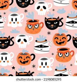 Seamless pattern background for Halloween holiday with cute coffee cups. Childish print for cards, wrapping paper and textile. Vector illustration